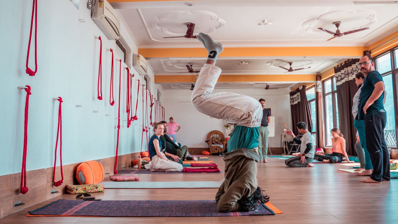 Home Participants practicing yoga in a Rishikesh studio, showcasing flexibility and wellbeing.